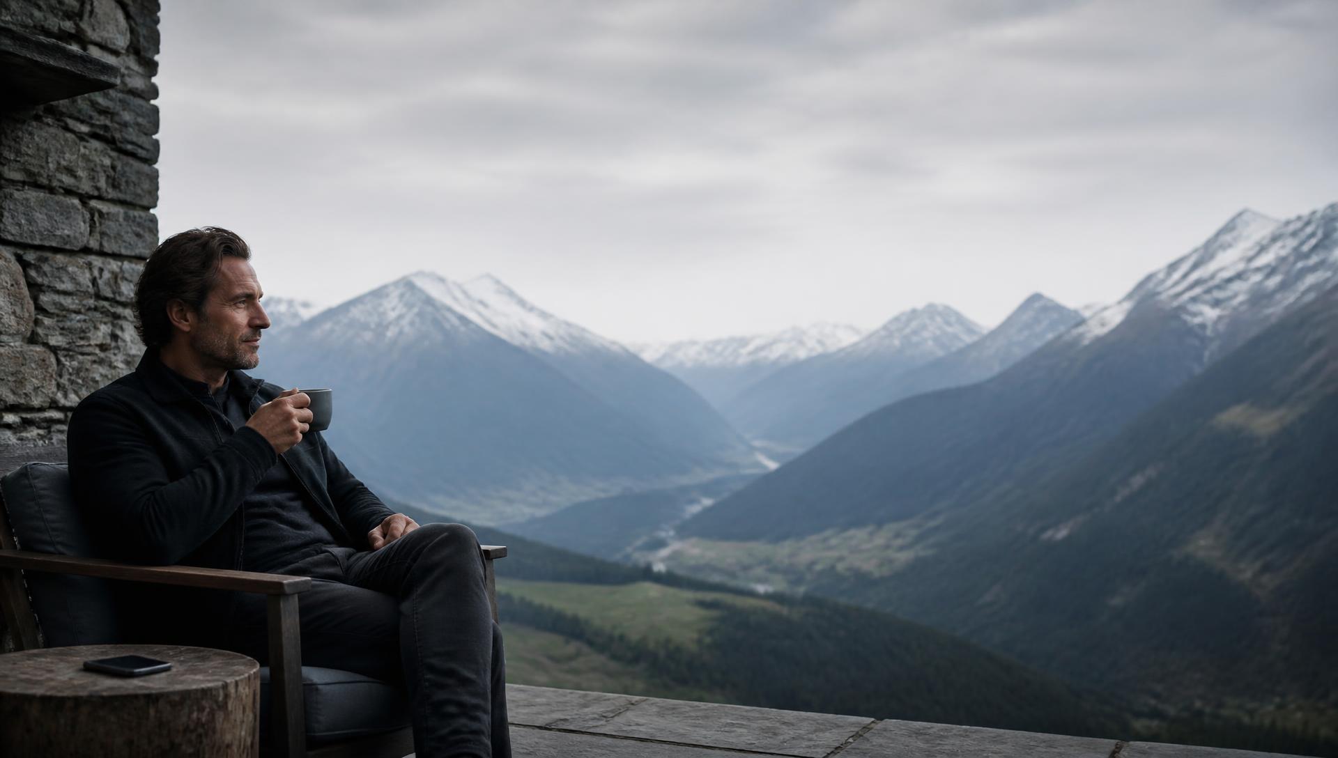Solopreneur relaxing with coffee overlooking the mountains