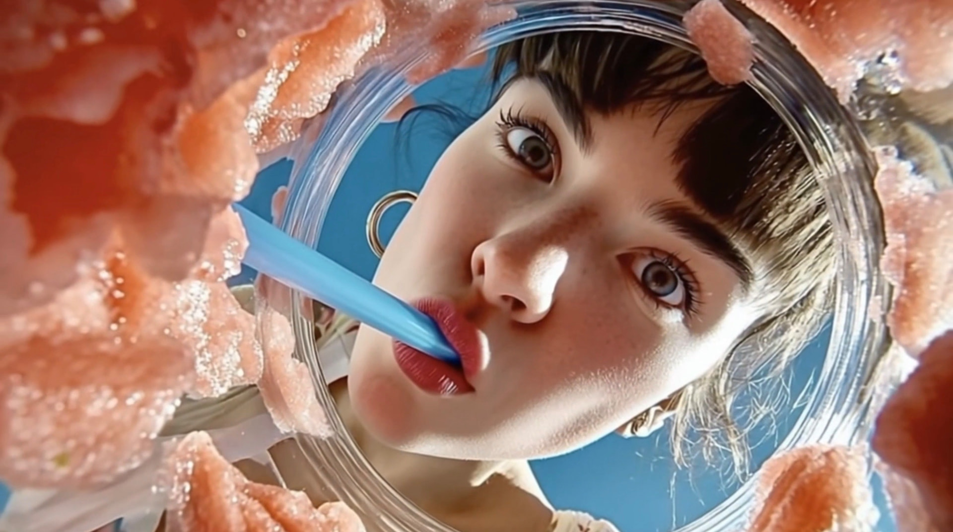 Woman framed by colorful candy while looking into a glass jar