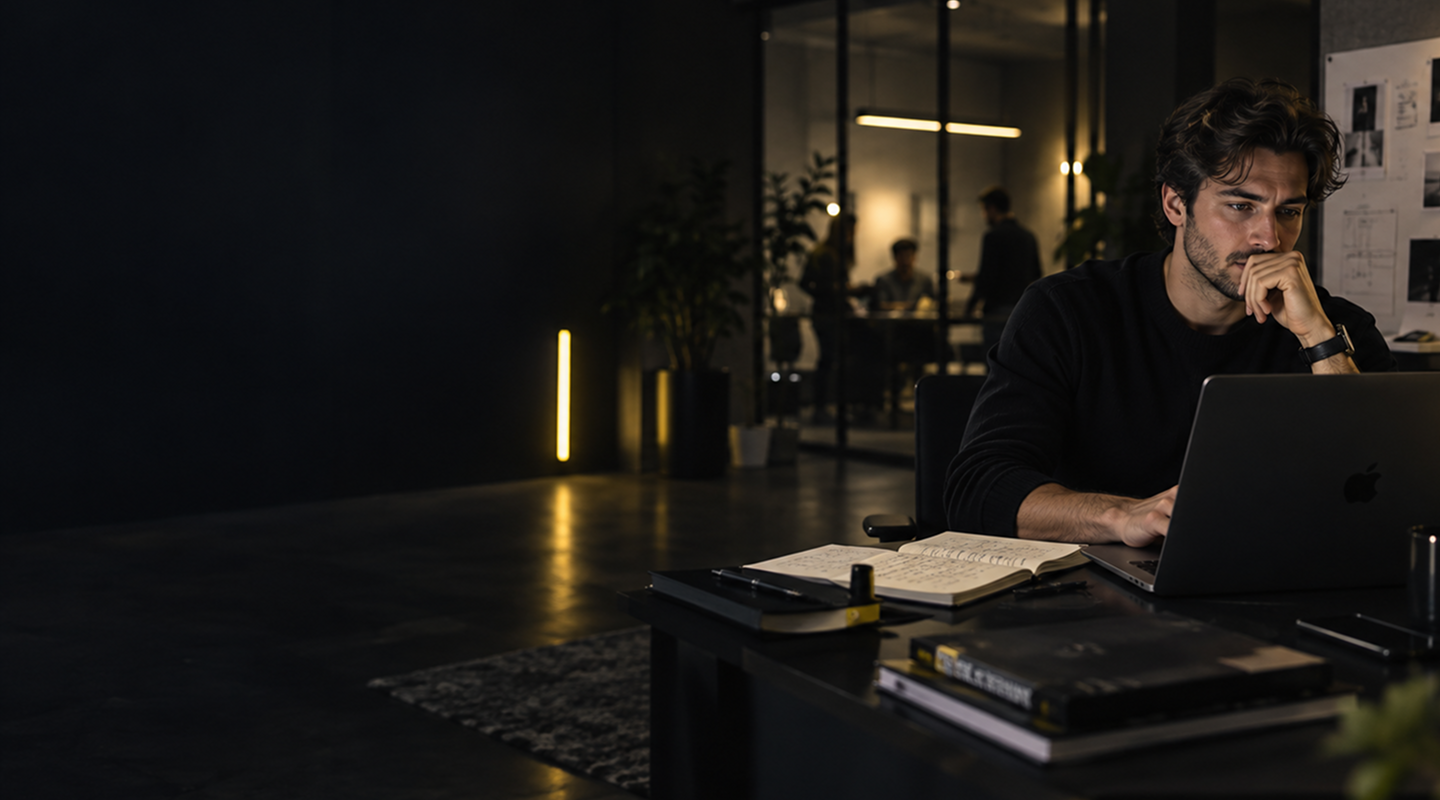Startup founder working at a laptop in a late-night studio