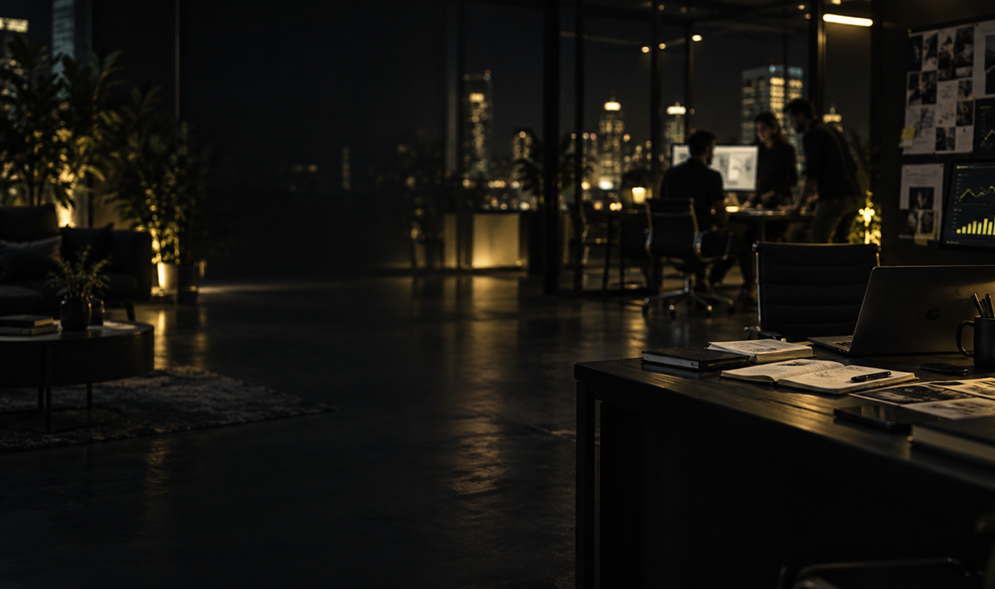 A startup team working together in a dark office