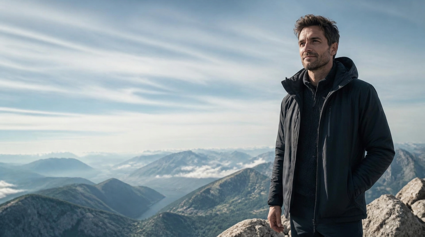 Satisfied solopreneur looking toward the sky from a mountain summit