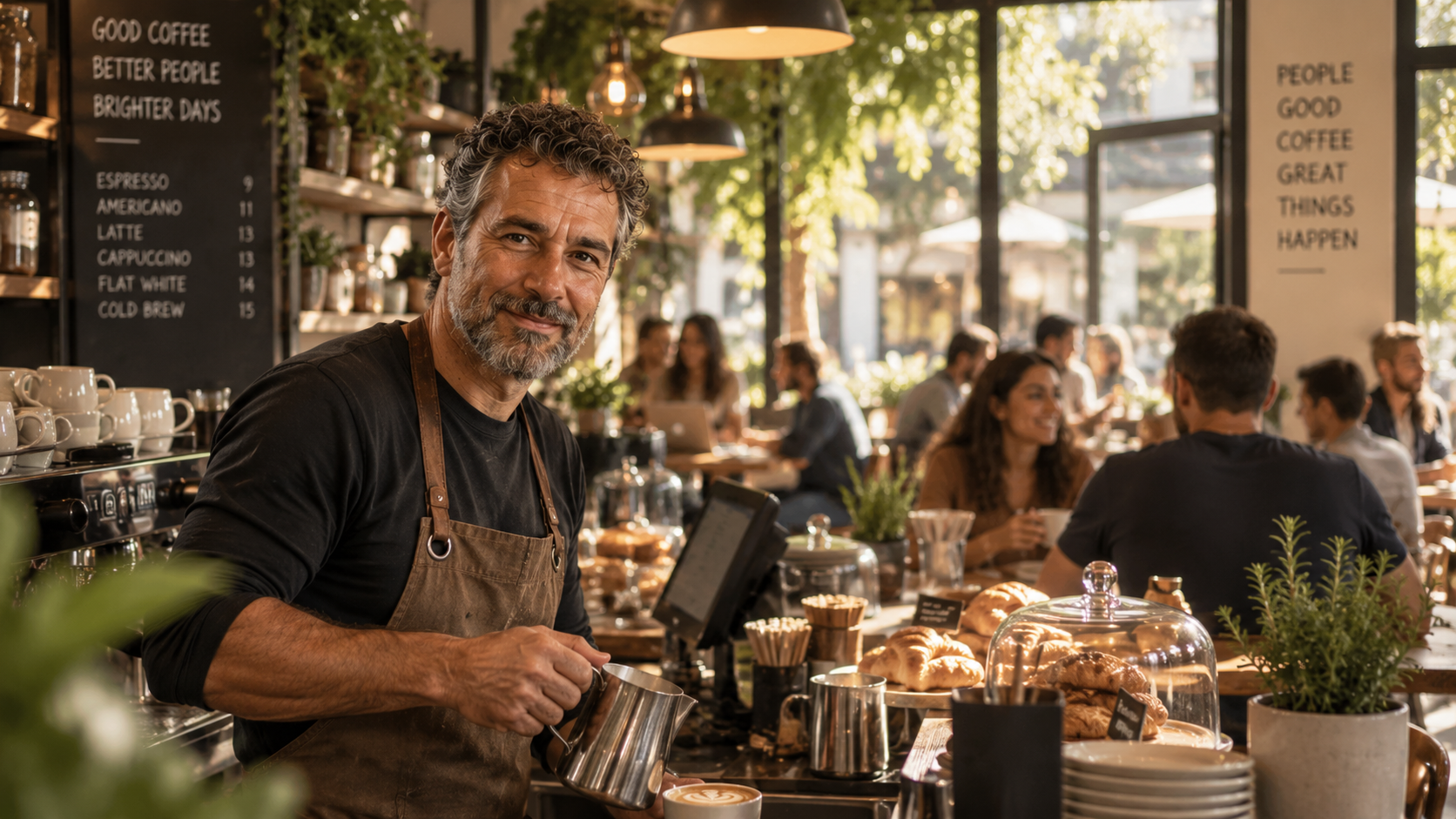 Café owner standing behind the counter in a bright, busy coffee shop